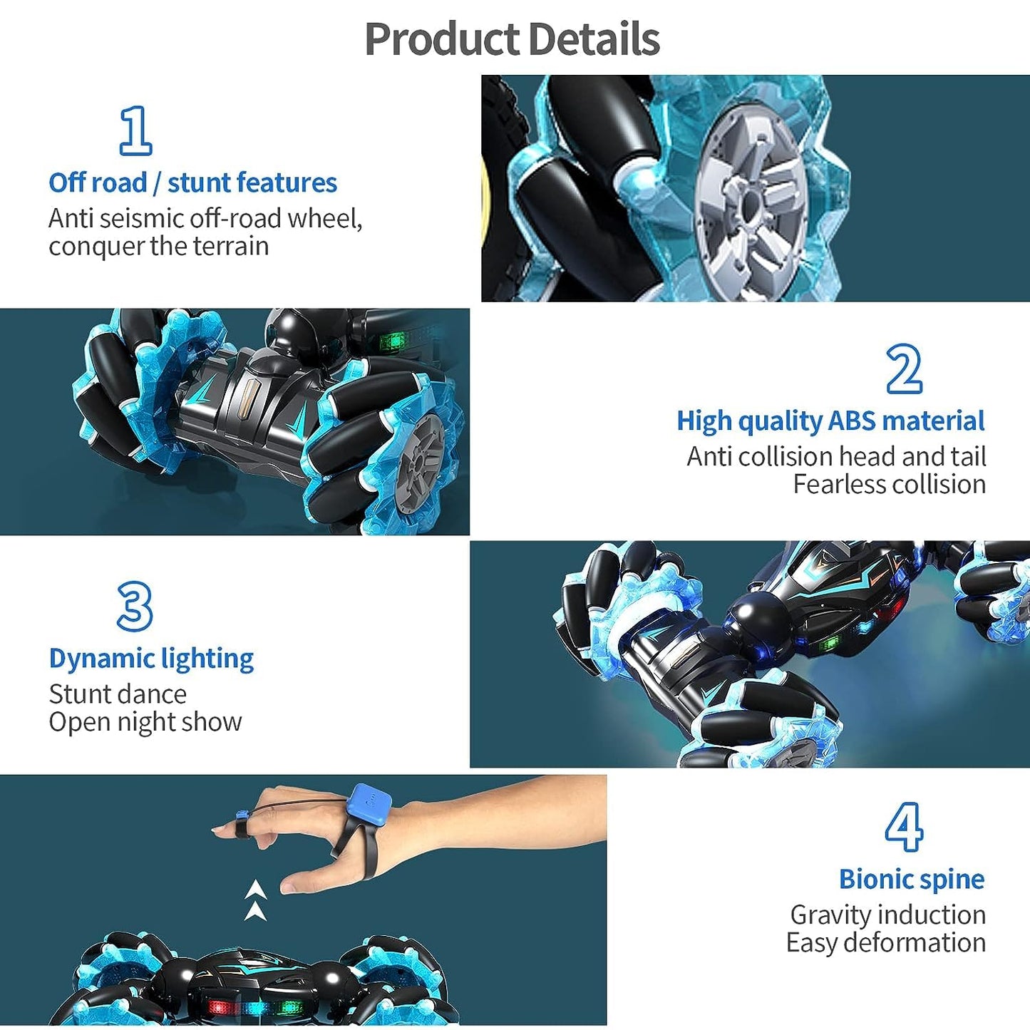 Heattack Rc Stunt Car, 2.4Ghz 4Wd Remote Control Gesture Sensor Toy, Double Sided Rotating Off Road Vehicle 360° Flips with Lights Music, for Boys & Girls Birthday, Multi Color