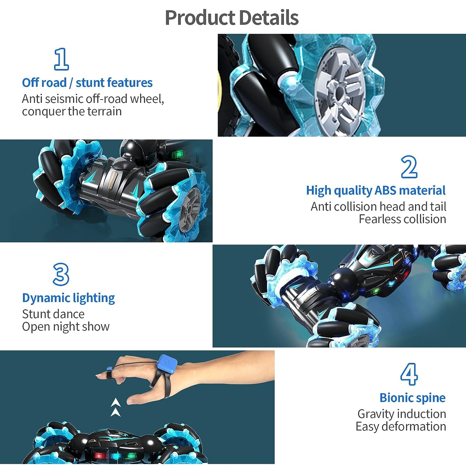 Heattack Rc Stunt Car, 2.4Ghz 4Wd Remote Control Gesture Sensor Toy, Double Sided Rotating Off Road Vehicle 360° Flips with Lights Music, for Boys & Girls Birthday, Multi Color